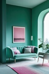 Scandinavian interior with pastel green sofa and chair, teal wall, and poster frame, highlighting minimalistic furniture, soft textiles, and natural light for a cozy, inviting atmosphere