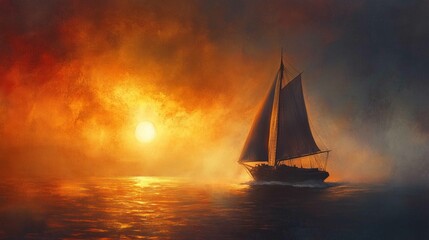 Sailboat sailing ocean sunset hazy fog ships sails underneath random arts bright sun camp half blood passages last light
