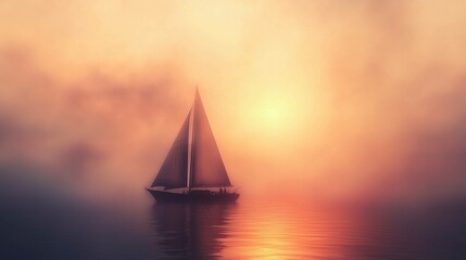 Fototapeta premium Sailboat sailing ocean sunset hazy fog ships sails underneath random arts bright sun camp half blood passages last light 