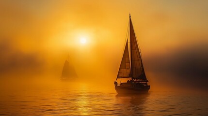 Fototapeta premium Sailboat sailing ocean sunset hazy fog ships sails underneath random arts bright sun camp half blood passages last light 
