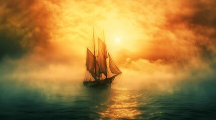Obraz premium Sailboat sailing ocean sunset hazy fog ships sails underneath random arts bright sun camp half blood passages last light 