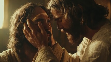 Jesus christ restores sight to a blind man through the power of his healing touch