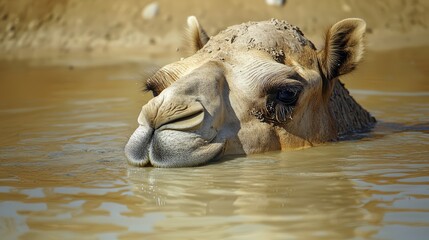 Climate change. Close up of a camel in a desert being flooded in water after the heavy rain. Extreme weather event