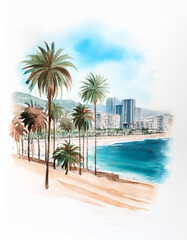 Watercolor sunny beachfront city with tall palm trees, ocean waves. Summer vacation and travel