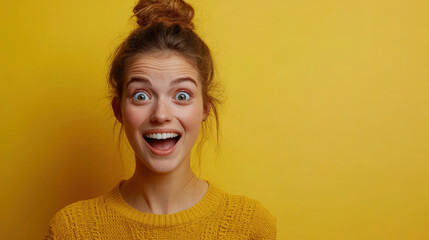 Young woman happy surprised expression isolated on yellow background, copy space