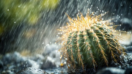 Climate change. Close up of a cactus in downpour heavy rain in a desert. Extreme weather event