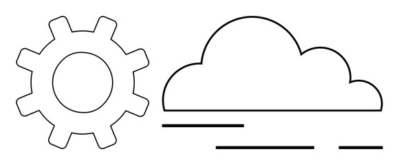 Gear and cloud with minimalistic lines. Ideal for technology, environment, innovation, cloud computing, and industrial design themes. Simple design style in black and white colors