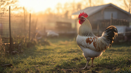A cheerful rooster crowing at dawn on the farm