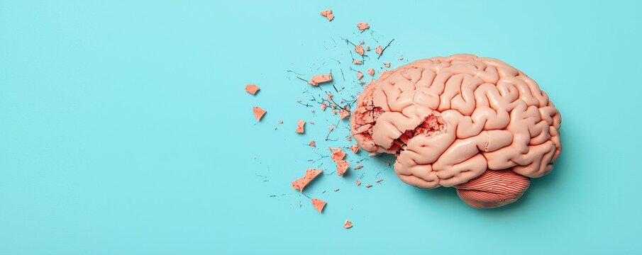 An artistic representation of a broken brain on a turquoise background, illustrating mental challenges.