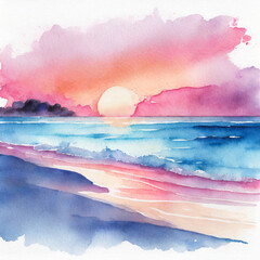 Watercolor vibrant sunset over peaceful ocean and beach, calm and beauty nature landscape, seascape