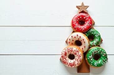 Donuts with red, green icing and sprinkles on the left side in shape of Christmas tree over white wood background.