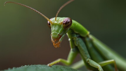 Fototapeta premium A close-up shot of a green praying mantis with large, brown eyes, perched on a leaf.