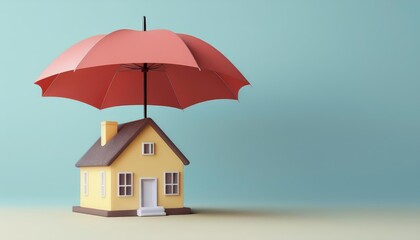A whimsical house protected by a bright red umbrella, symbolizing safety, security, and protection in a minimalist setting.