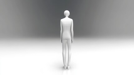 A wireframe model of a humanoid figure stands facing away on a gradient background, showcasing a minimalist design and 3D structure.