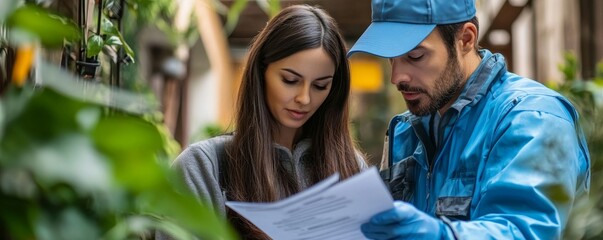 Fototapeta premium Pest Control Worker Showing Invoice To Woman, Generative AI