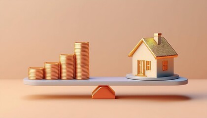 A miniature house and stacks of coins on a balance, representing financial investment in real estate and the value of property.