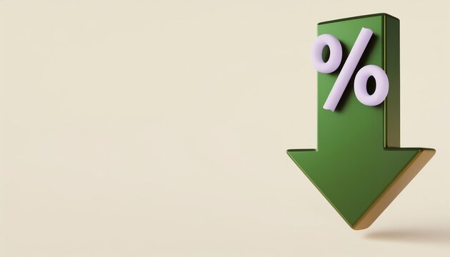 A green downward arrow with a percentage symbol signifies a decrease in rates or values, symbolizing reductions in costs or statistics.
