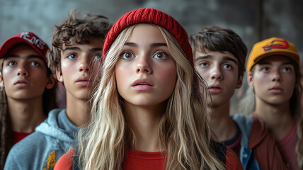 Fototapeta premium a mixed group of modern young adults looking on with expressions of concern and disbelief