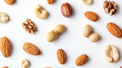 Obraz premium Assorted nuts, including peanuts, almonds, and macadamia nuts, spread out on a white background.