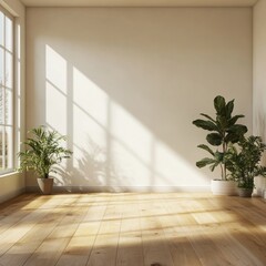 Minimalist empty room with wooden floor, large window, and sunlight streaming through, featuring two potted plants.