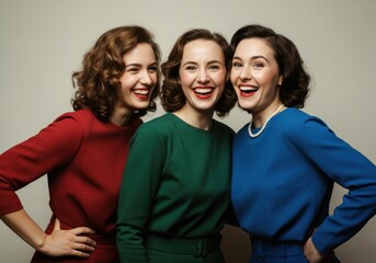 Joyful vintage fashion trio in colorful dresses laughing together