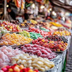 Assortment of colorful candies and sweets at a food market, vibrant display, street food, sugar rush