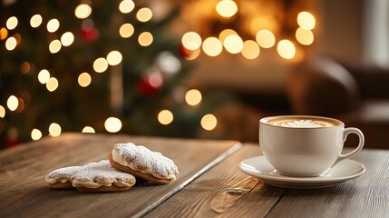 Obraz premium Cozy Christmas Treats with Coffee and Bokeh Background