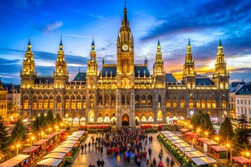 A grand view of the Christmas market in front of the majestic Vienna City Hall at night. The beautifully lit building and festive stalls create a stunning holiday scene filled with seasonal charm.