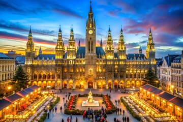 A grand Christmas market in front of the illuminated Vienna City Hall at sunset. The majestic building and festive stalls create a magical holiday atmosphere in the heart of the city.