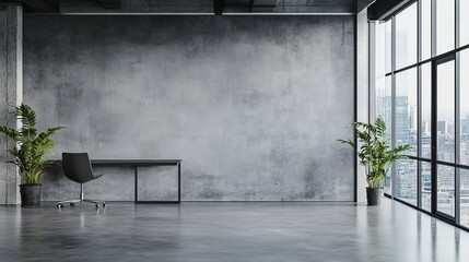 Minimalist office with a desk, chair, and plants against a concrete wall with large windows and city views.