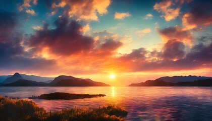 Obraz premium Breathtaking view of stunning sunset beautifully reflecting on tranquil lake. Nature landscape