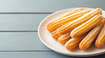 Freshly fried churros dusted with sugar, vibrant background, street food, sweet indulgence