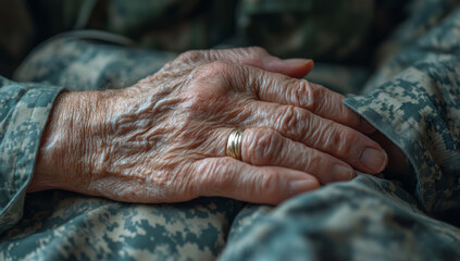 Fototapeta premium A soldier in military fatigues holds the hand of an elderly person at their doctor's office, showing signs of technique and support for mental health care during post-military stills.
