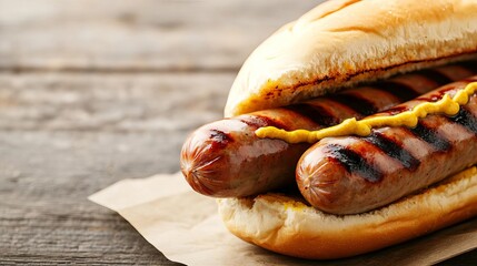 Freshly grilled sausages with mustard on a rustic bun, smoky aroma, street food, hearty sandwich