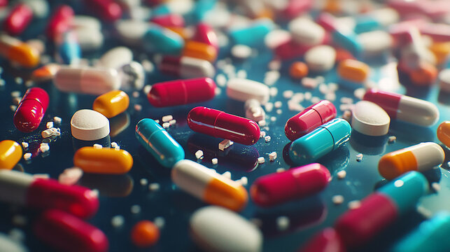 Macro shot of scattered tablets and capsules brightly
