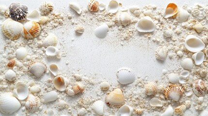 Obraz premium Delicate seashells in sand spread across a plain white background, evoking summer beach scenes.