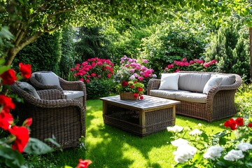 Fototapeta premium Elegant Garden Setting with Outdoor Sofa and Flowers, Perfect for Entertaining or Relaxation