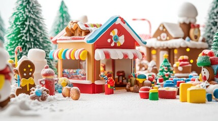 Holiday-themed toy shop featuring colorful sweets and toys, gingerbread-style accents on a white background.