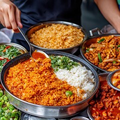 Man serving rice dishes with spicy sauces, variety of sides, street food, comforting meals