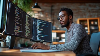 African American Coder Using Computer At Desk, Generative AI