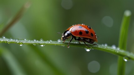 Obraz premium A ladybug walks on a blade of grass covered in dew drops.