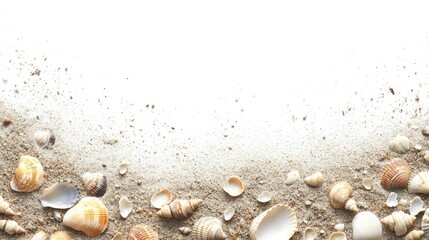 Fototapeta premium Soft sand with a range of seashells spread out on a blank white background, tropical feel.