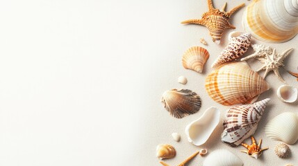 Soft sand with a range of seashells spread out on a blank white background, tropical feel.