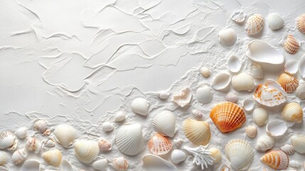 Fototapeta premium Soft white sand and mixed seashells on a white backdrop, perfect for a beach vacation concept.