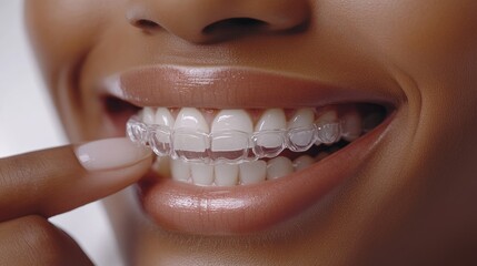Fototapeta premium Closeup of african american Woman Wearing Clear Orthodontic Aligners for Perfect Smile
