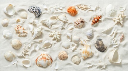 White background featuring sand and scattered seashells in different shapes and colors.
