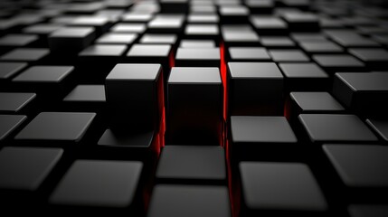 Abstract arrangement of black cubes with a glowing red gap, ideal for modern design projects.