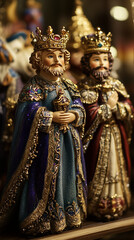Fototapeta premium Hand-painted king figurines with intricate detailing, adorned with gold crowns and robes, rich textures of fabric and jewels, standing on a decorative shelf