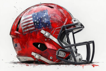 Fototapeta premium Football helmet with USA flag design, side view, no shadow, retro vector, used, old helmet, flat, paint style, watercolor style,