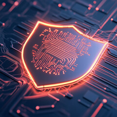 Fototapeta premium A high-tech security shield with a glowing circuit pattern and microchip, symbolizing digital protection, cybersecurity, and secure data systems.